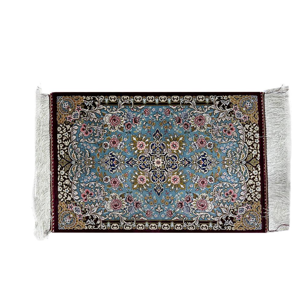 High quality hand-knotted rug in burgundy red and green blue colour and natural silk - ChicMozaic