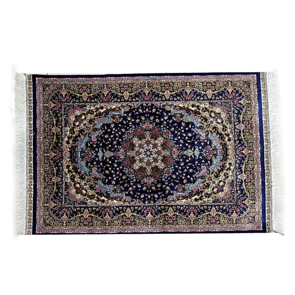 High Quality Hand-knotted Rug in Navy Blue Colors and Natural Silk - ChicMozaic