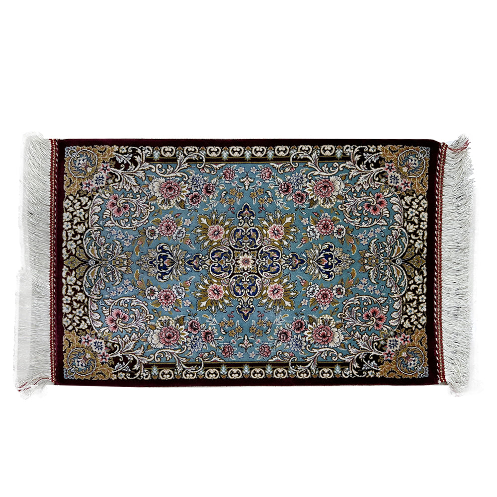 High Quality Hand-knotted Rug in Navy Blue and Burgundy Red Colours and Natural Silk - ChicMozaic