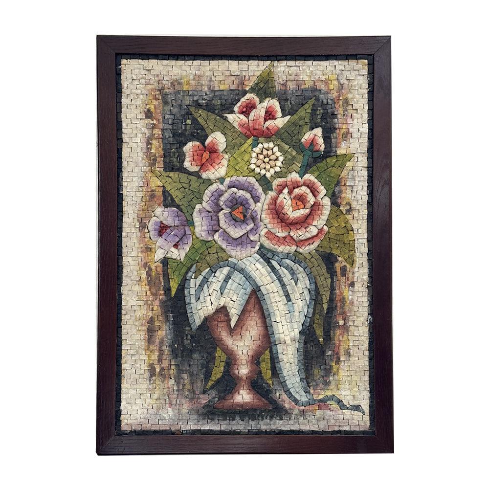 Handmade mosaic with natural stone in the shape of the floral vase - ChicMozaic