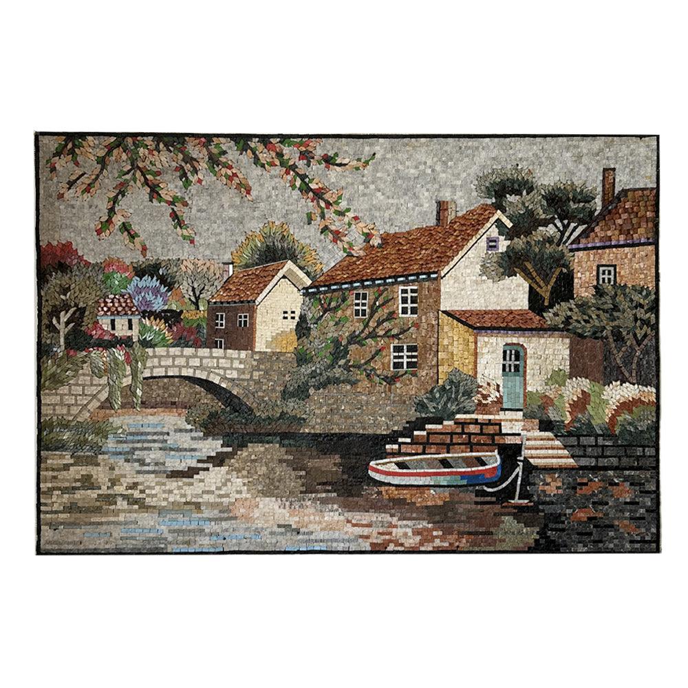 Handmade Mosaic With Natural Stone of the Rustic Wood House and Bridge - ChicMozaic