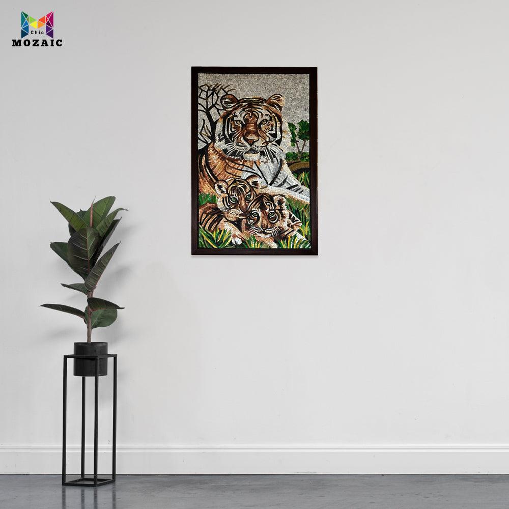 Tiger Mother With Her Kids Mosaic Wall Hang - ChicMozaic